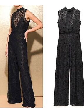 Zara Black Lace High-Neck Wide-Leg Jumpsuit